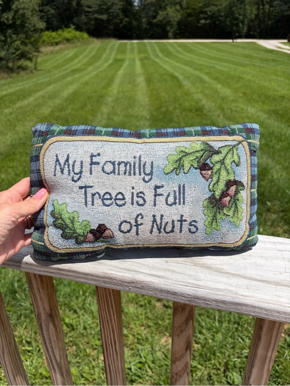 My Family Tree is Full of Nuts Tapestry Oak Leaf Blue Tartan Plaid Lumbar Pillow